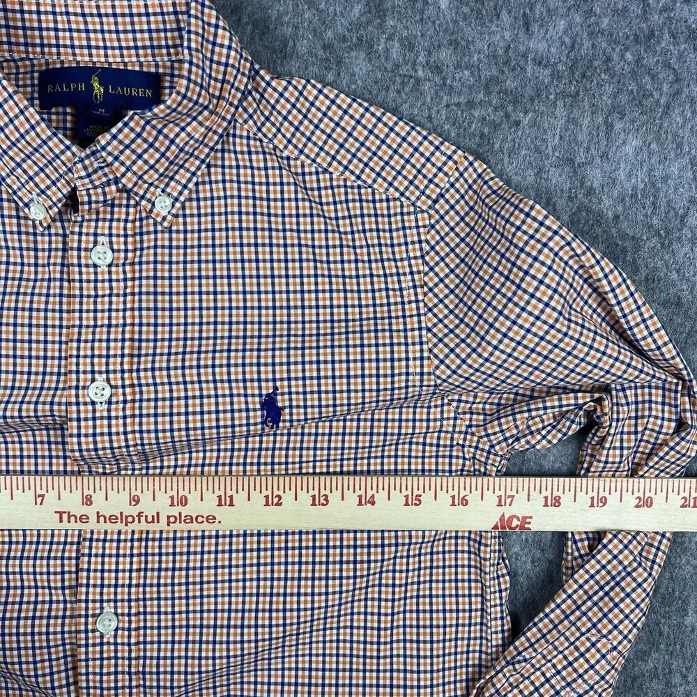 Ralph Lauren Boys Button Up Shirt Long Sleeve Orange Navy Plaid Size M (10-12)